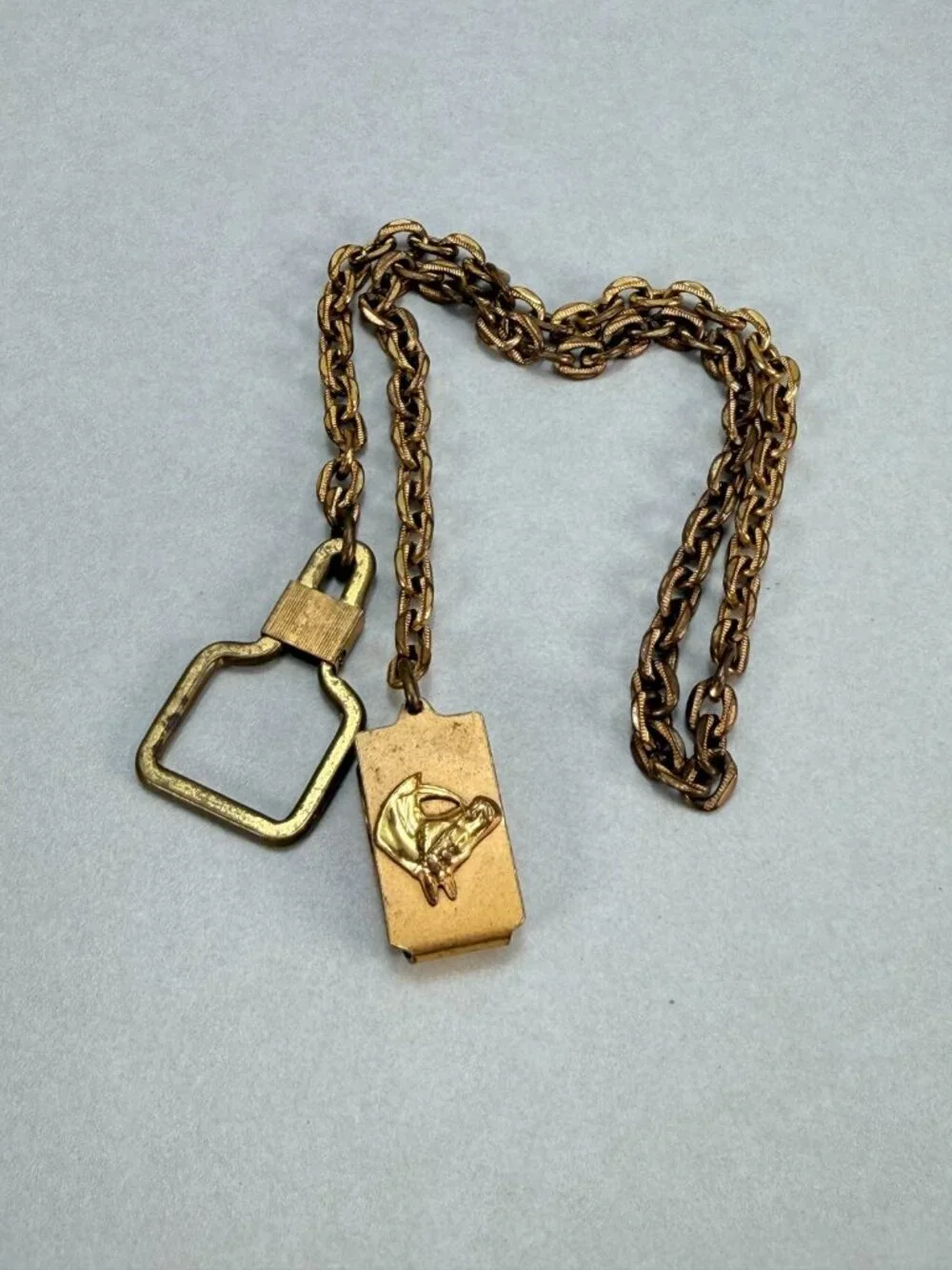 Vintage Rare Horse Head Folding Watch Fob Pocket Watch Chain GoldTone Equestrian